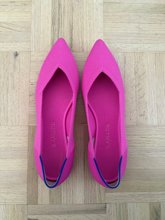 Rothy's Shoes - Rothy's Pointed Toe Flats in Hot Pink with Blue Heel Tab